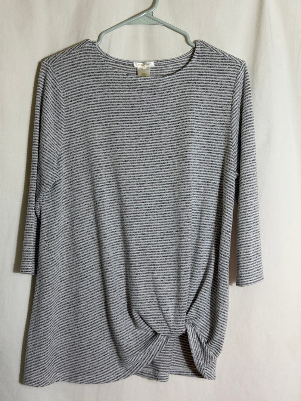 Matty M Gray Stripe 3/4 Sleeve Tunic Top Small Soft Stretch Casual Knit Shirt